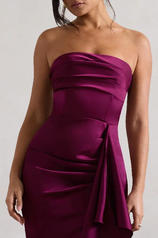 Ace | Plum Satin Bandeau Split Maxi Dress With Ruffle Drape