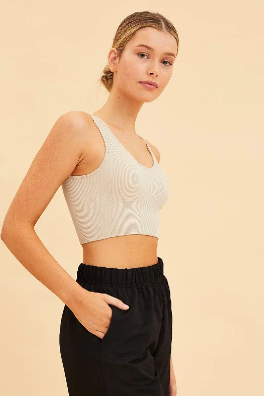 Beige Bone Seamless Tank Top Scoop Neck Rib Crop