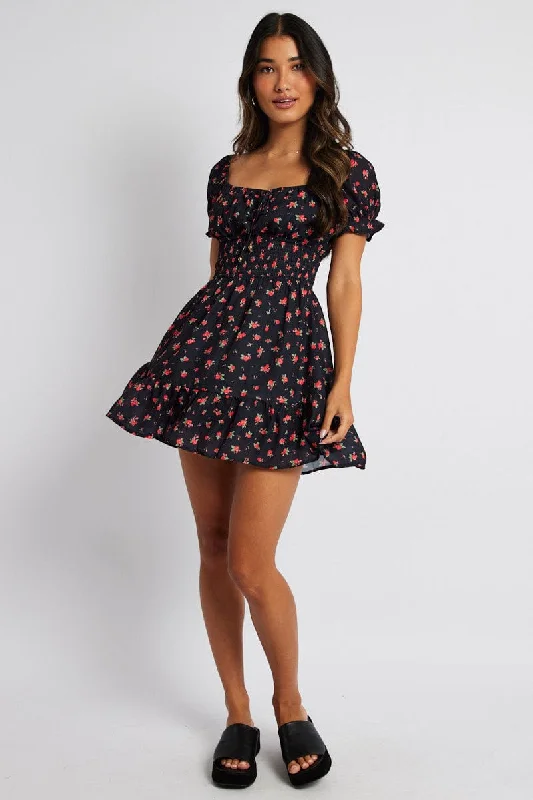 Black Floral Fit And Flare Dress Puff Sleeve Mini