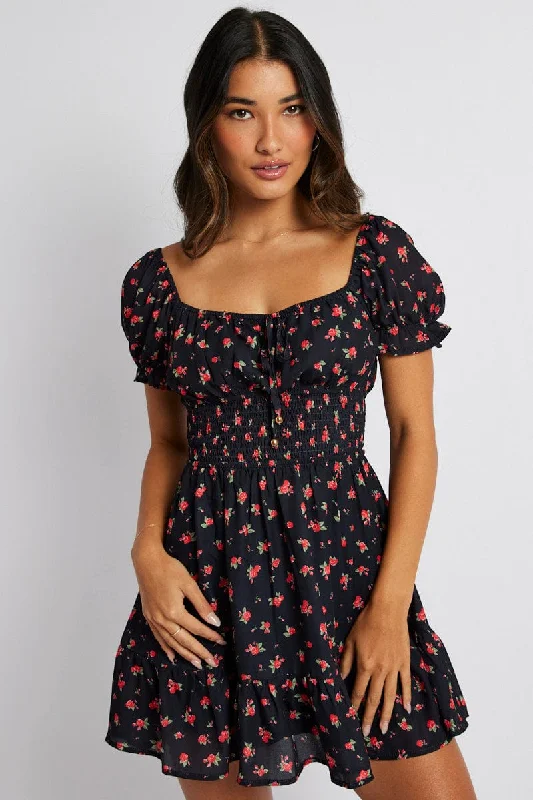 Black Floral Fit And Flare Dress Puff Sleeve Mini