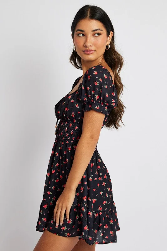 Black Floral Fit And Flare Dress Puff Sleeve Mini