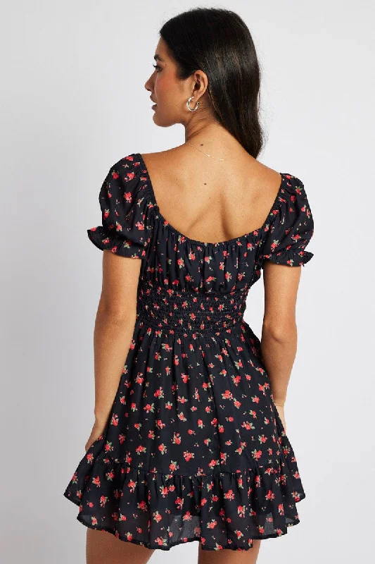 Black Floral Fit And Flare Dress Puff Sleeve Mini