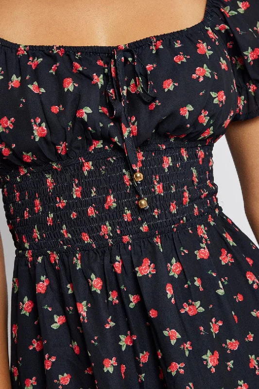 Black Floral Fit And Flare Dress Puff Sleeve Mini