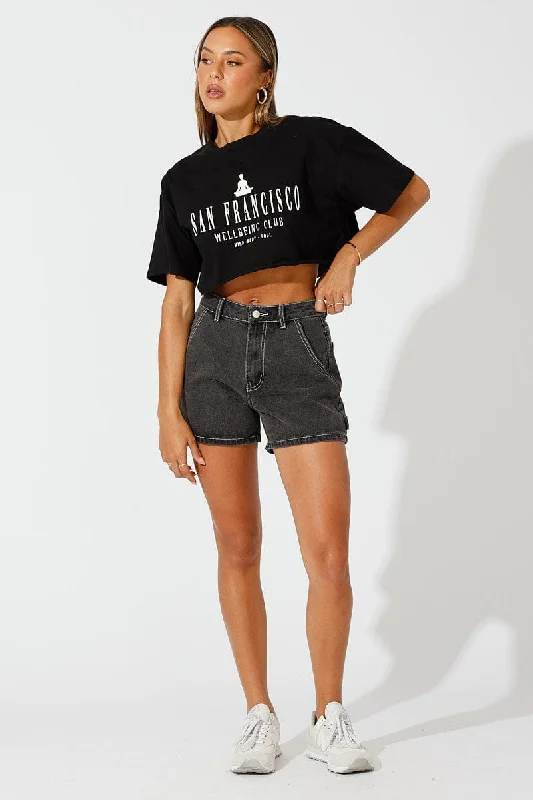 Black Graphic Tee Health Club. Slogan Crop T-Shirt