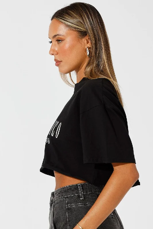 Black Graphic Tee Health Club. Slogan Crop T-Shirt