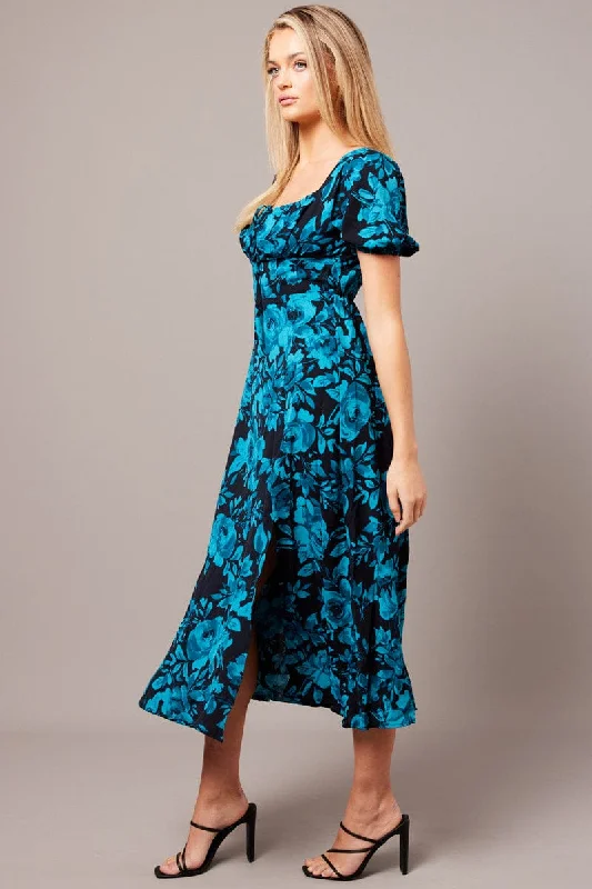 Blue Floral Midi Dress Short Sleeve Ruched Bust