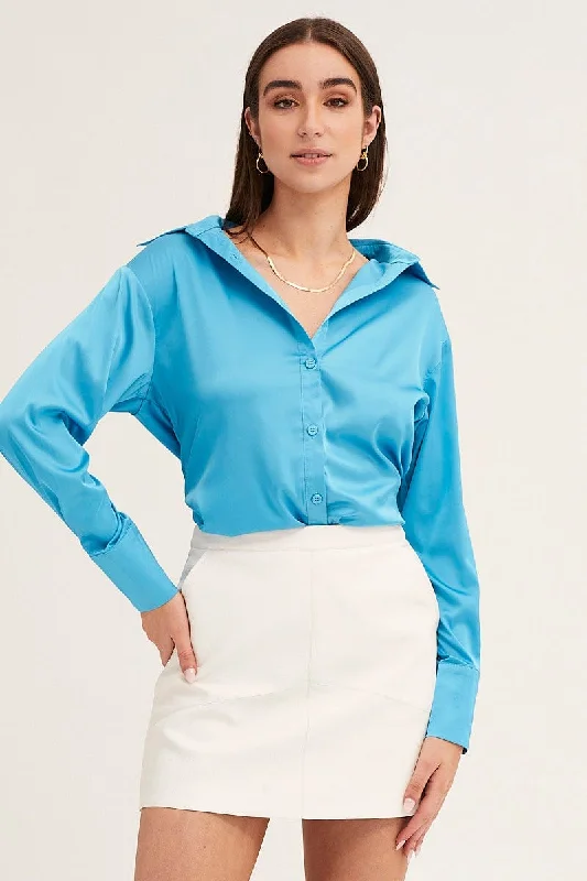 Blue Satin Shirt Long Sleeve Collared Longline