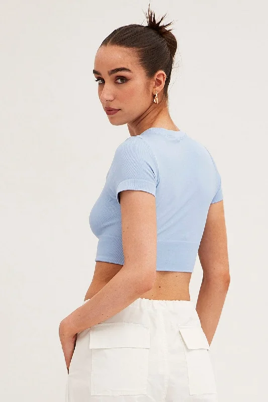 Blue T Shirt Short Sleeve Crew Neck Seamless