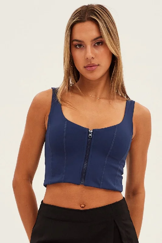 Blue Zip Front Top Sleeveless Crop