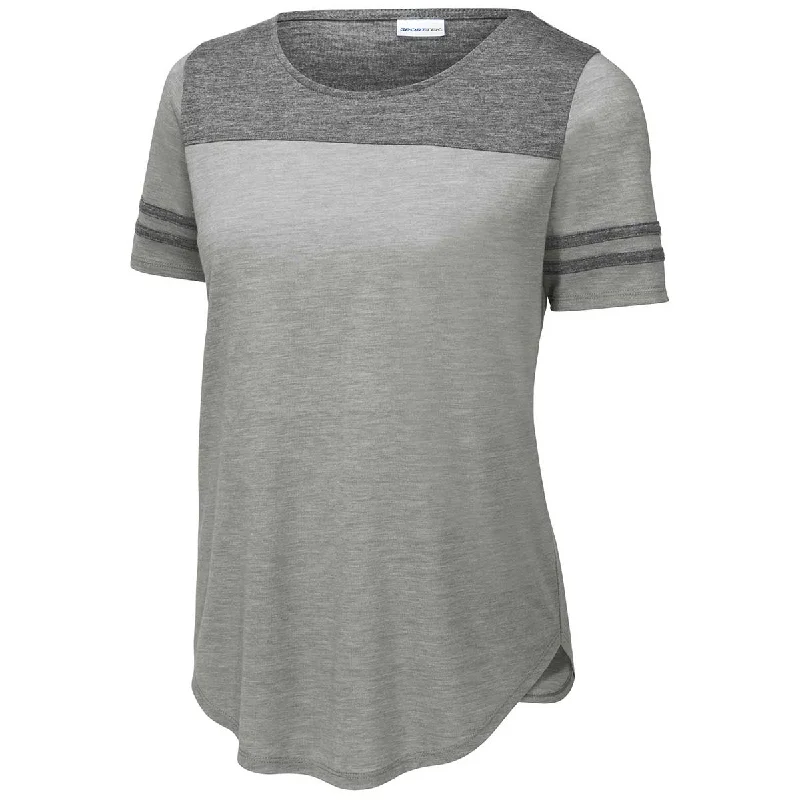 Sport-Tek Women's Dark Grey Heather/Light Grey Heather PosiCharge Tri-Blend Wicking Fan Tee