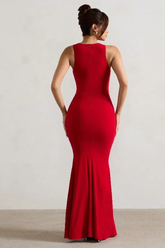 Maren | Red Racer-Neck Gathered Maxi Dress With Drape