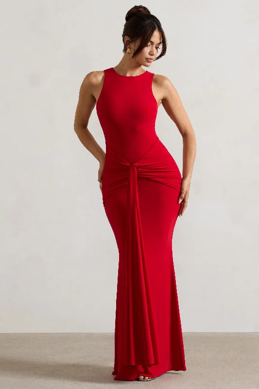 Maren | Red Racer-Neck Gathered Maxi Dress With Drape