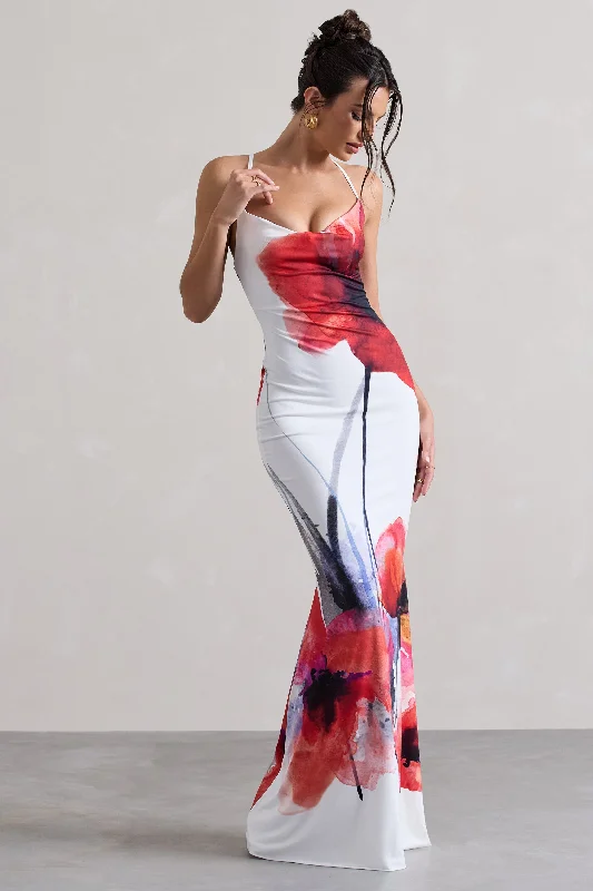 Tamia | White Poppy Print Cowl-Neck Maxi Dress