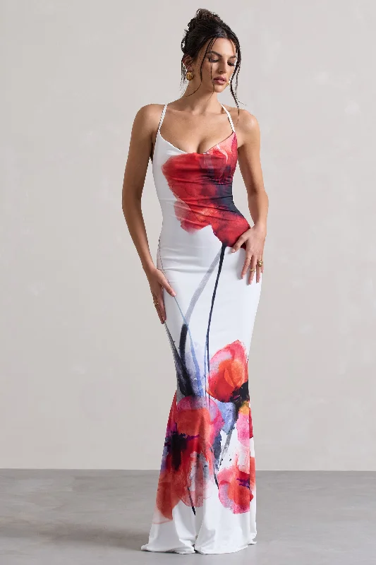 Tamia | White Poppy Print Cowl-Neck Maxi Dress