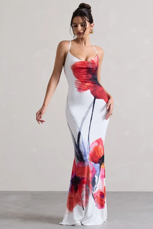 Tamia | White Poppy Print Cowl-Neck Maxi Dress