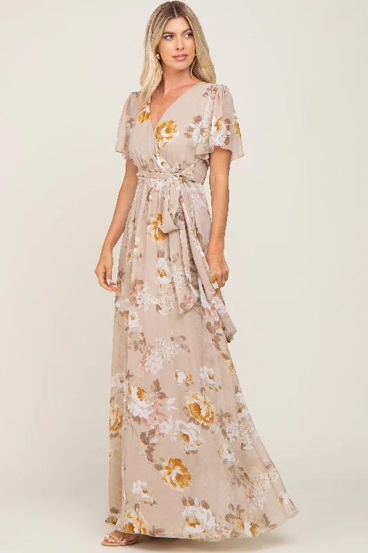 Taupe Floral Chiffon Wrap Short Sleeve Maxi Dress