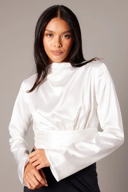 White Backless Top Flared Sleeve High Neck Blouse