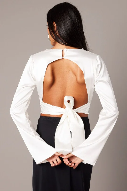 White Backless Top Flared Sleeve High Neck Blouse