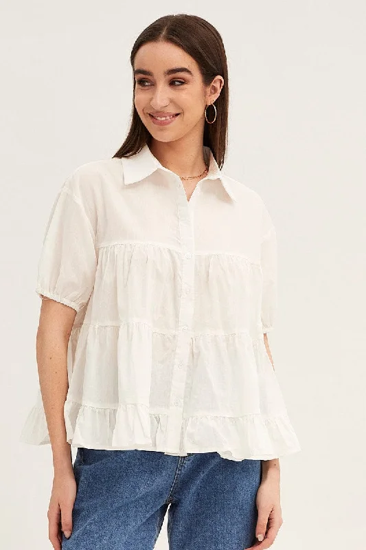 White Collared Shirt Puff Sleeve