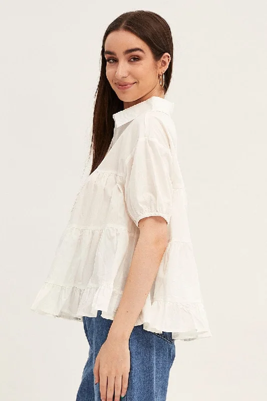 White Collared Shirt Puff Sleeve