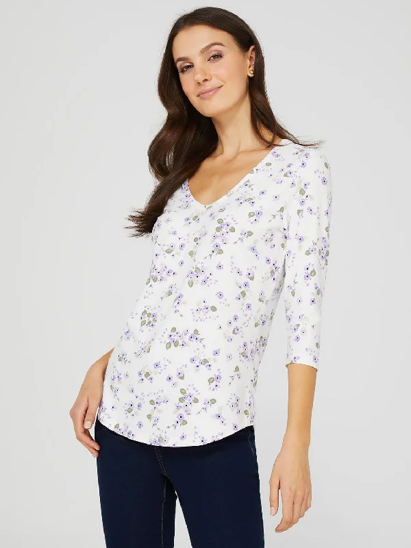 Printed 3/4 Sleeve V-Neck Top