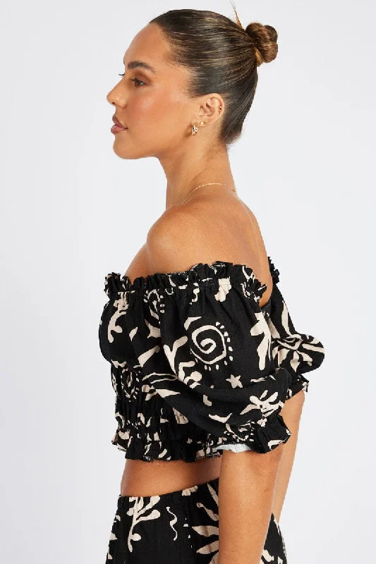 Black Abstract Crop Top Short Sleeve Linen