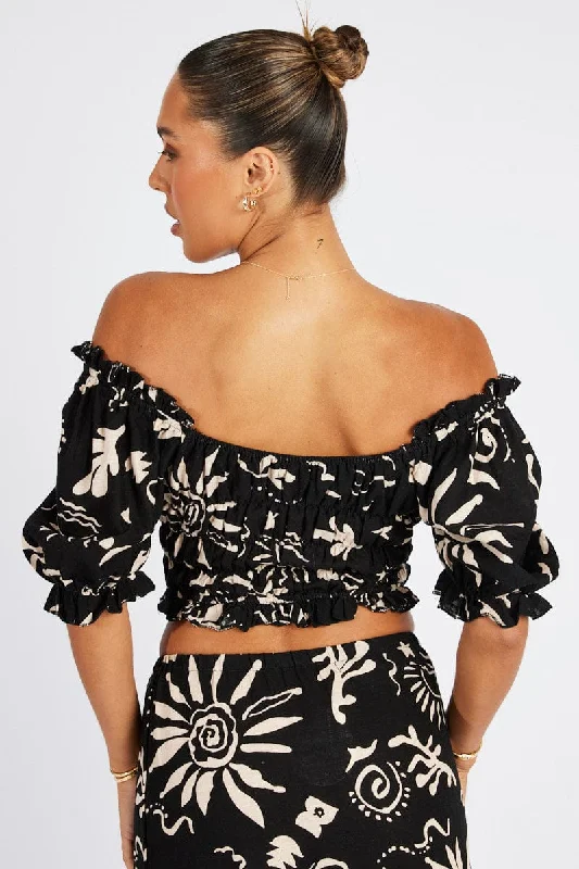 Black Abstract Crop Top Short Sleeve Linen