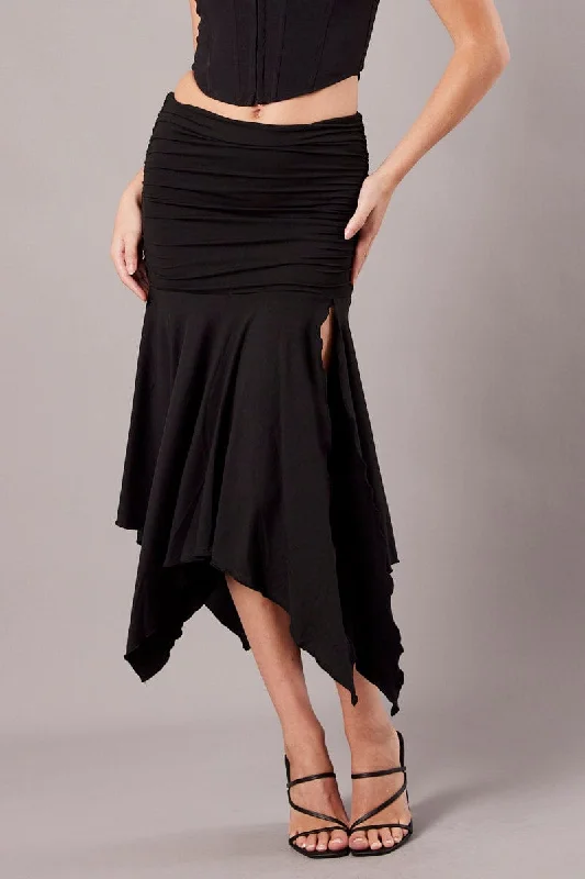 Black Handkerchief Midi Asymmetric Skirt