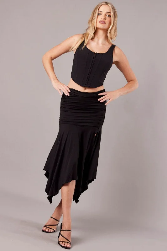 Black Handkerchief Midi Asymmetric Skirt