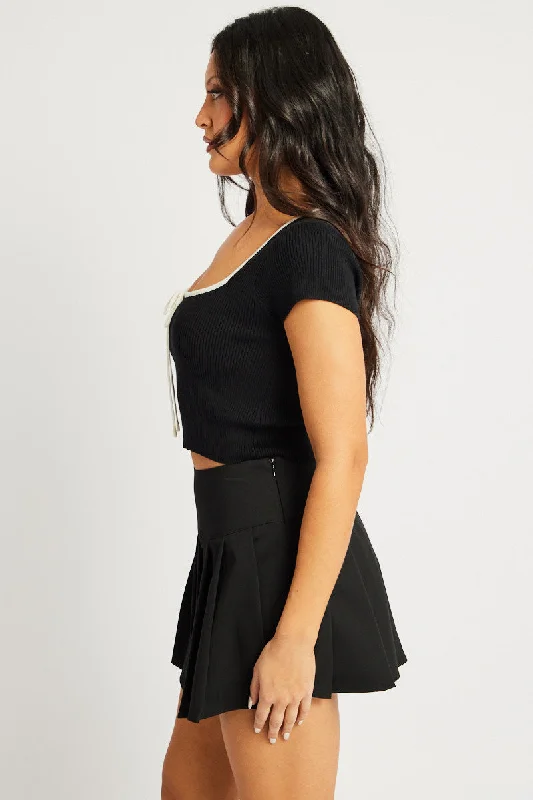 Black Knit Top Short Sleeve Square Neck