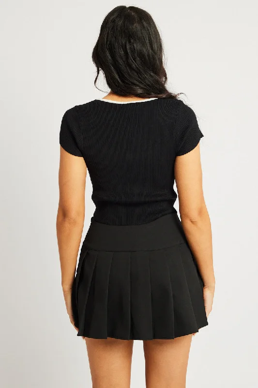 Black Knit Top Short Sleeve Square Neck