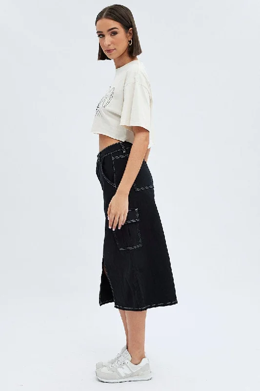 Black Midi Skirt Mid Rise A-line Cargo Contrast Stitch