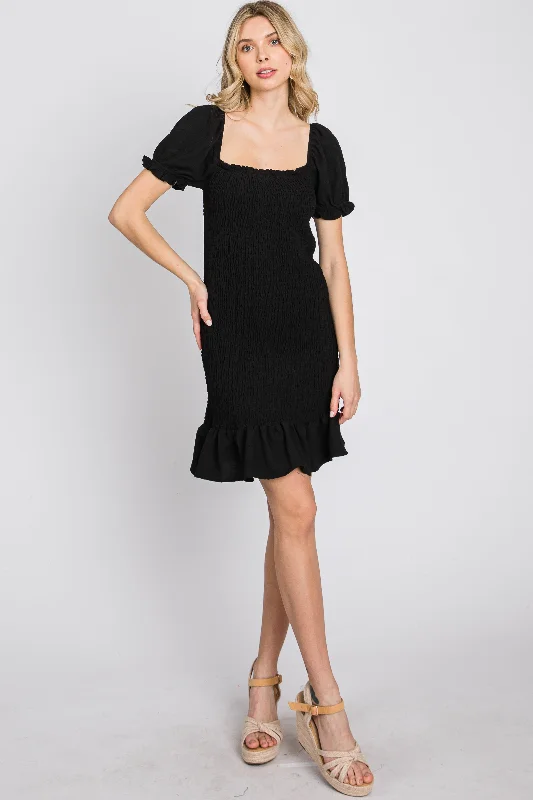 Black Smocked Puff Sleeve Dress