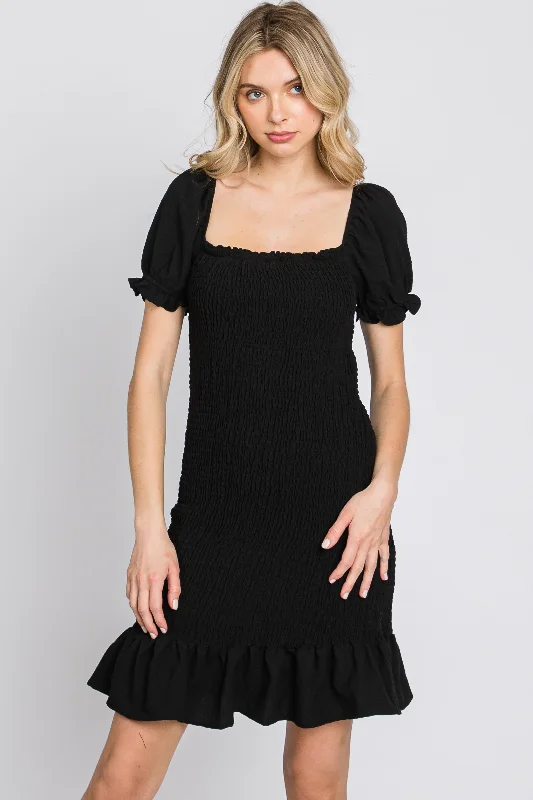 Black Smocked Puff Sleeve Dress