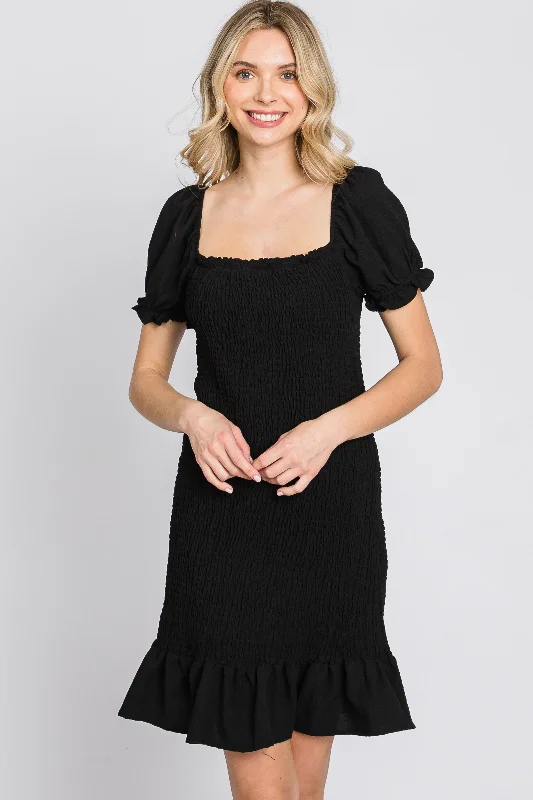 Black Smocked Puff Sleeve Dress