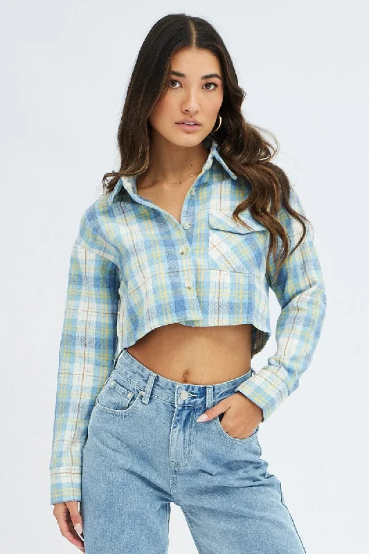 Blue Check Crop Shacket Long Sleeve Collared Fleece