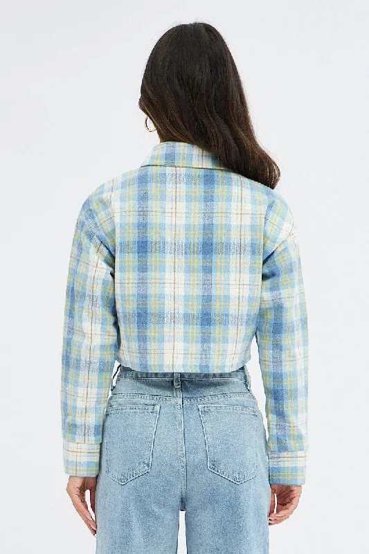 Blue Check Crop Shacket Long Sleeve Collared Fleece