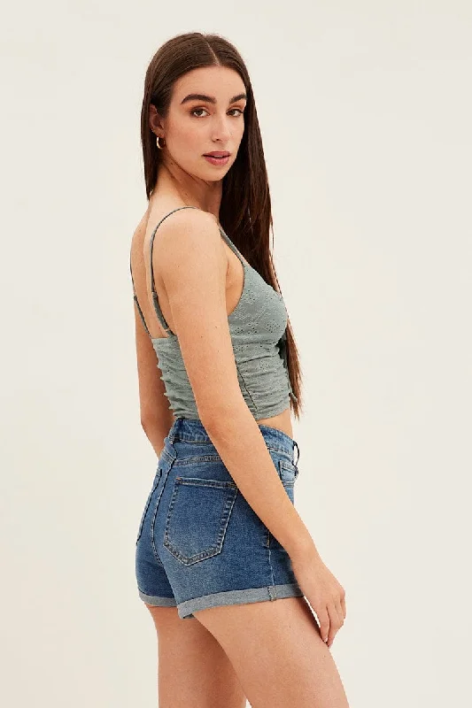 Blue Skinny Denim Shorts Mid Rise