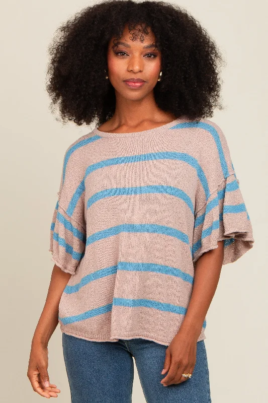 Blue Striped Ruffle Sleeve Knit Top