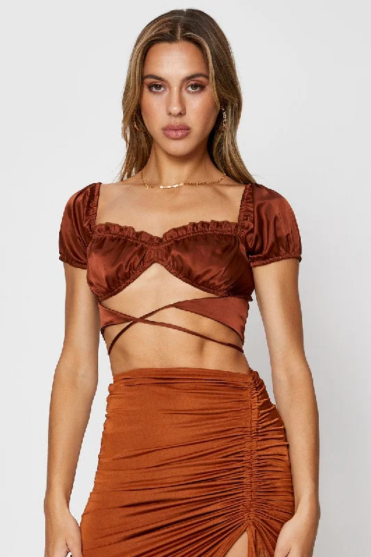 Brown Crop Top Short Sleeve Tie Up