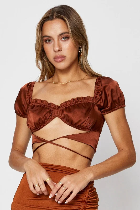 Brown Crop Top Short Sleeve Tie Up