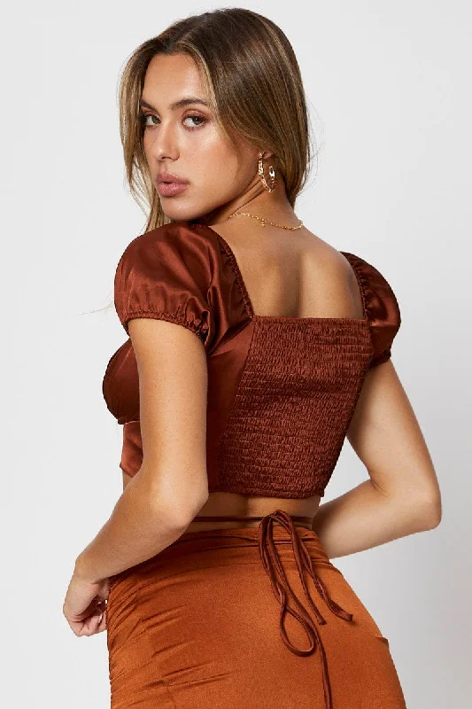 Brown Crop Top Short Sleeve Tie Up