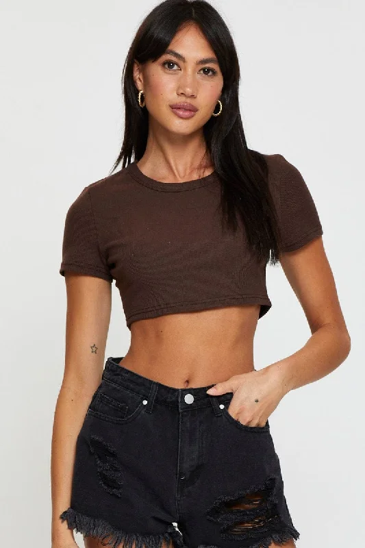 Brown Rib Crop Top Short Sleeve