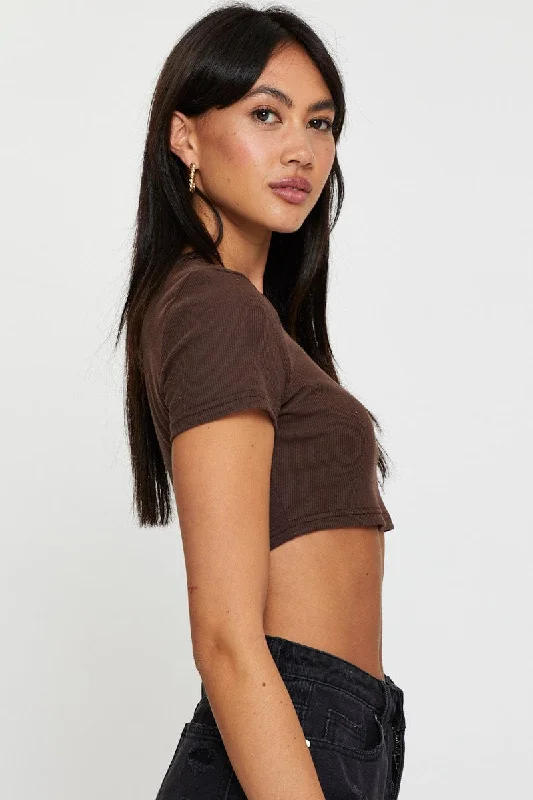 Brown Rib Crop Top Short Sleeve