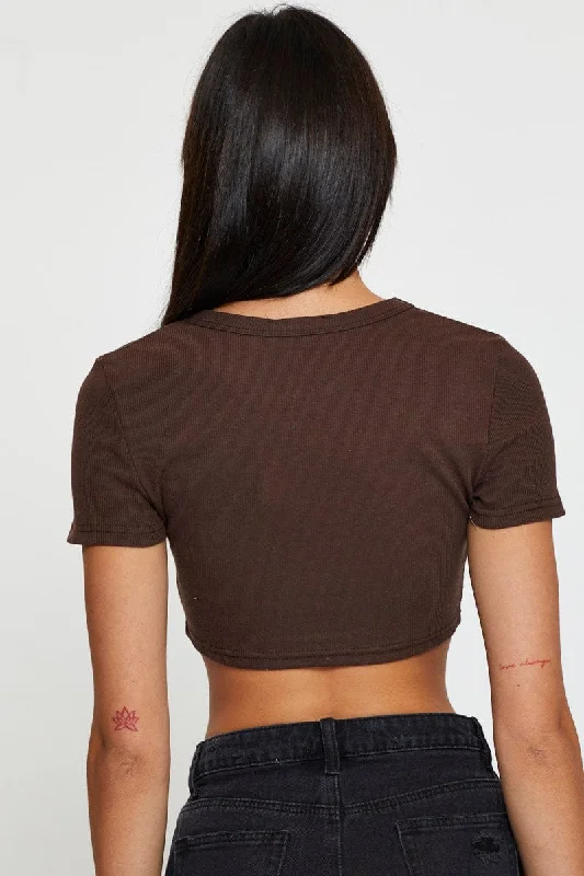 Brown Rib Crop Top Short Sleeve