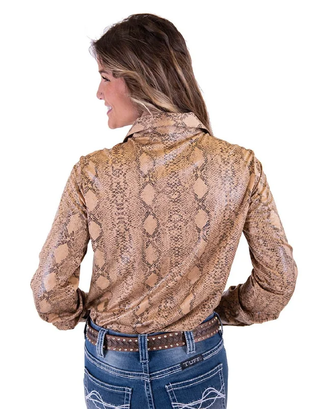 Cowgirl Tuff Womens Snakeskin Pullover Tan Polyester L/S Shirt