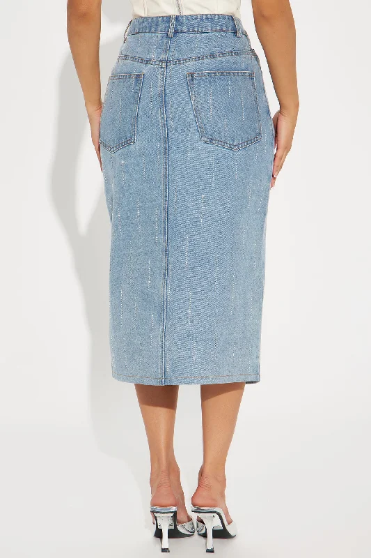 Dalia Embellished Denim Midi Skirt - Light Wash