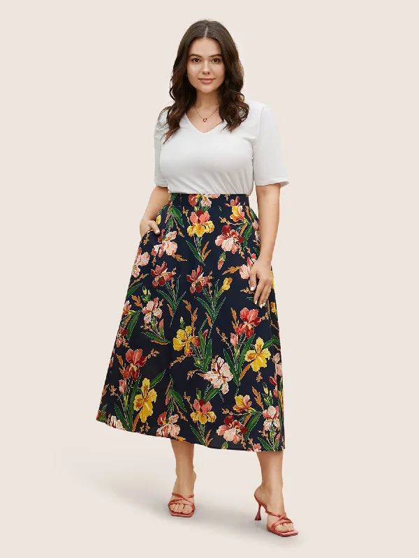 Floral Print Side Seam Pocket Skirt