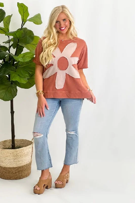 Taupe Flower Patch Short Sleeve Top