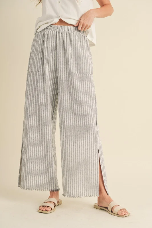 Heather Grey Striped Linen Slit Hem Pants